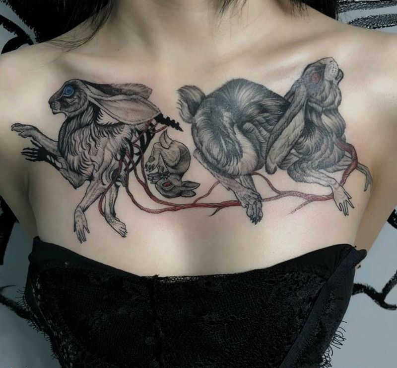 兔子纹身图片_胸部点刺兔子纹身图案