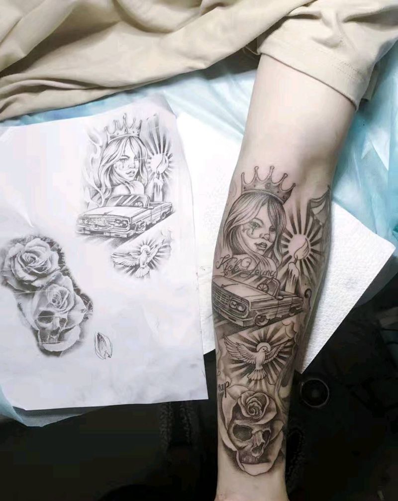 old school纹身图片_手臂手部欧美传统人物植物静物成品纹身图案