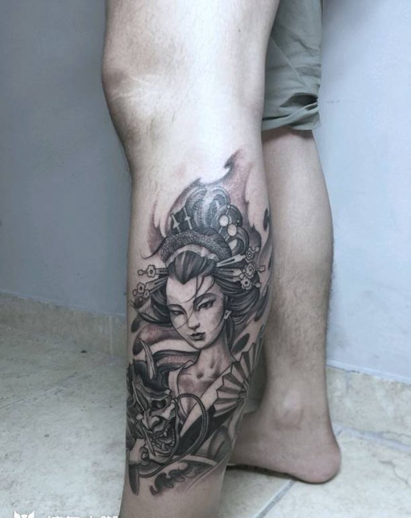 艺伎纹身图片_脚部腿部新传统纹身图案