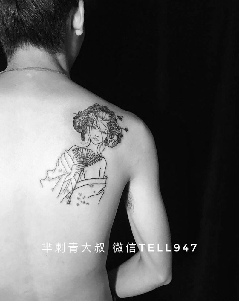 艺妓纹身图片_背部肩部人物肖像纹身图案