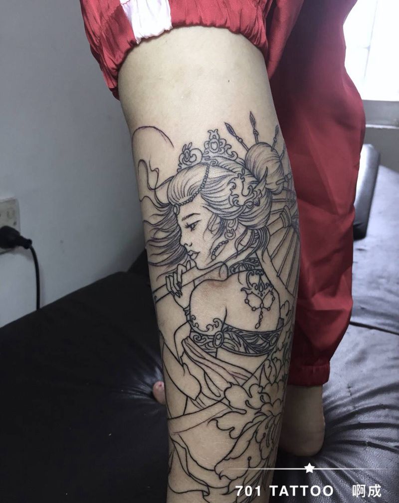 艺姬线条纹身图片