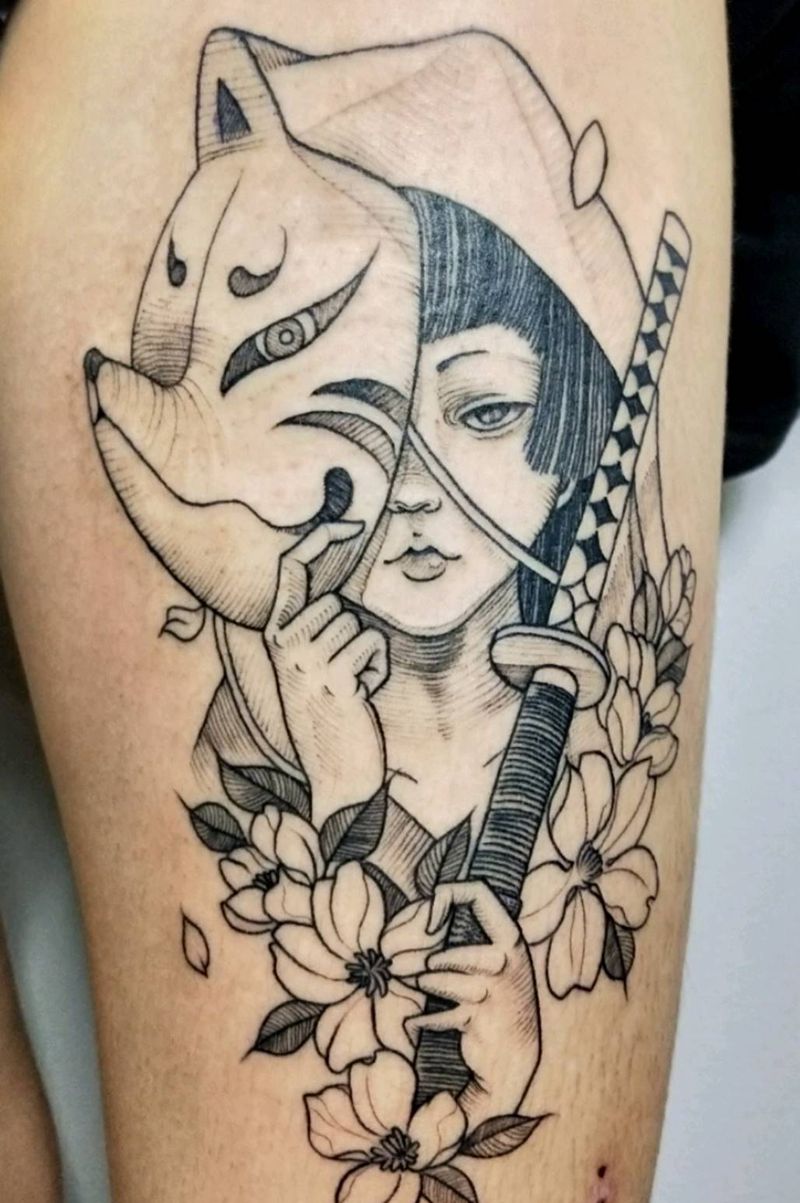 艺伎纹身图片_腿部纹身图案