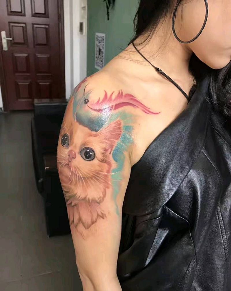 猫纹身图片_背部臀部手臂清新写实动物成品纹身图案
