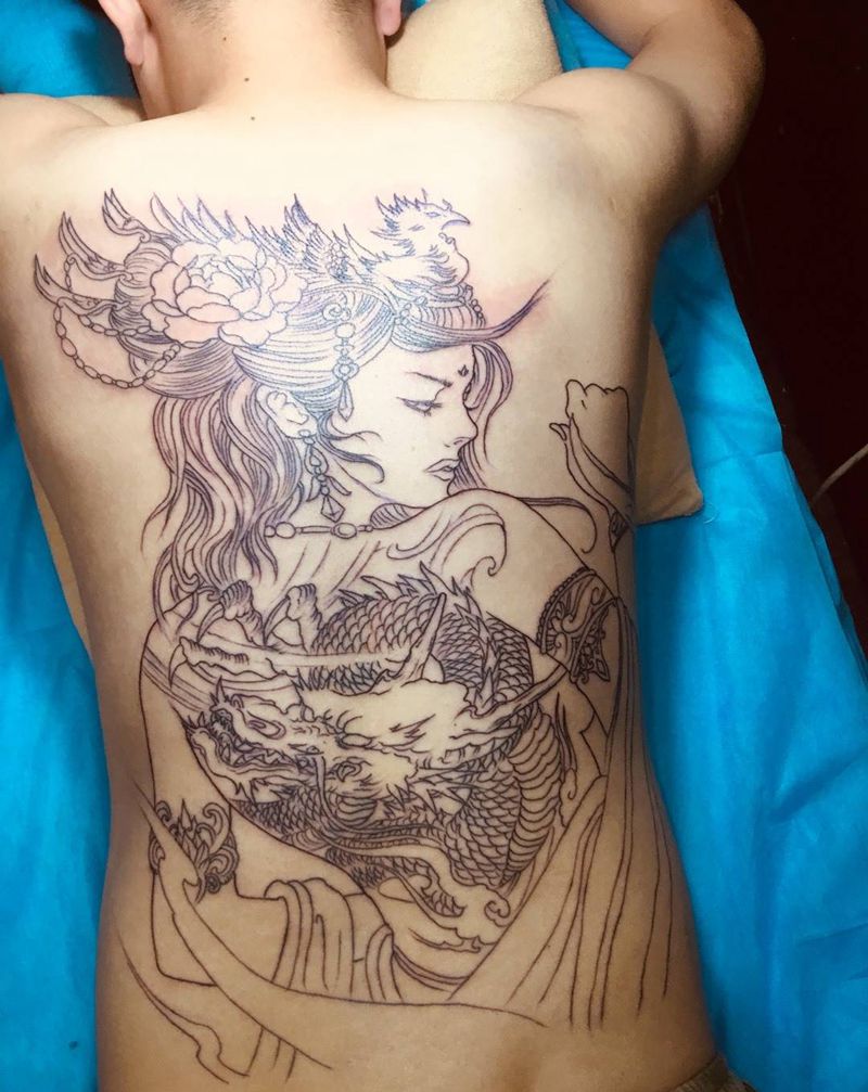 艺妓，满背线条纹身图片