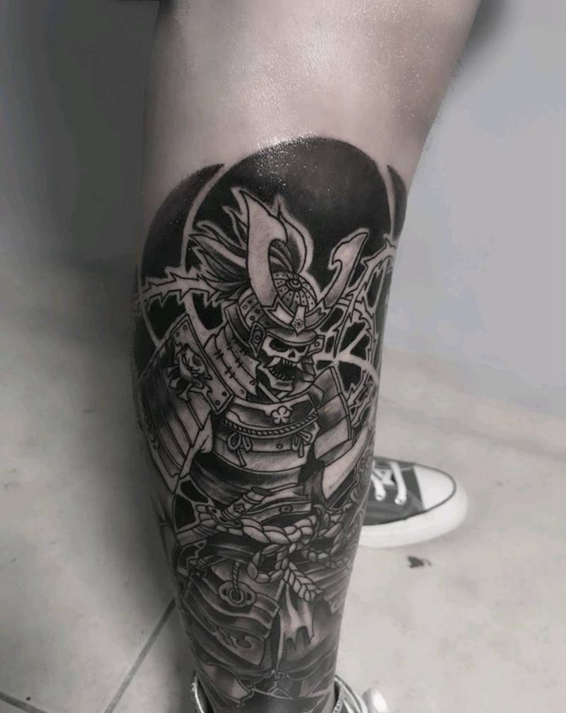 日本武士原创图纹身图片_腿部新传统日本武士纹身图案