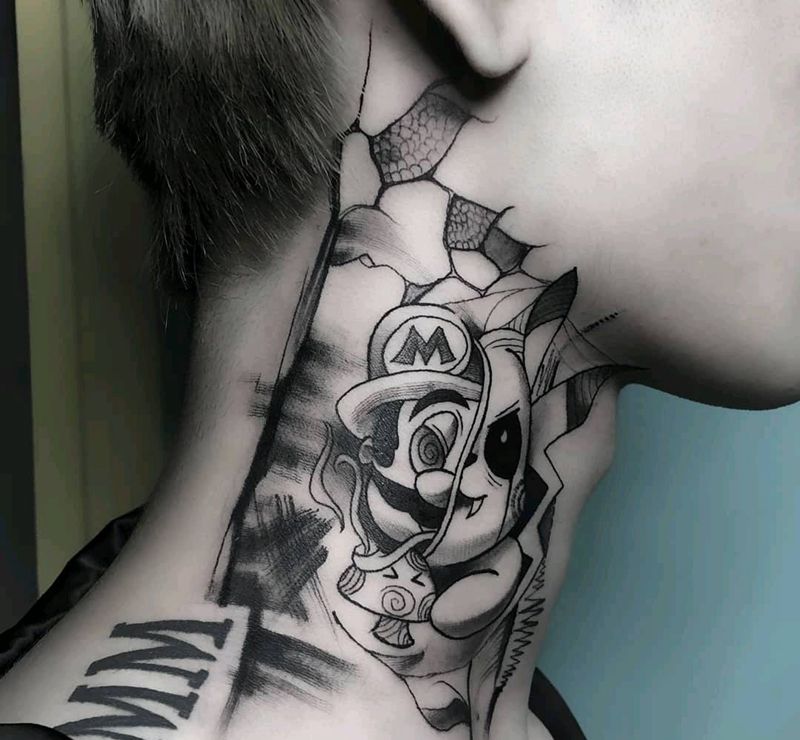 马里奥纹身图片_New School水墨皮卡丘纹身图案
