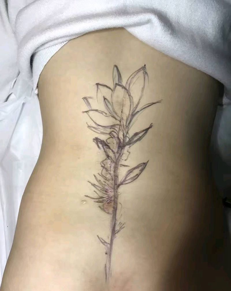 遮盖疤痕纹身图片_背部写实植物原创成品纹身图案