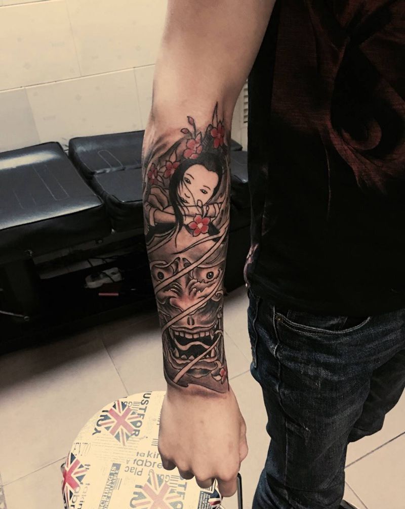 般若纹身图片_成品手臂传统鬼神纹身图案