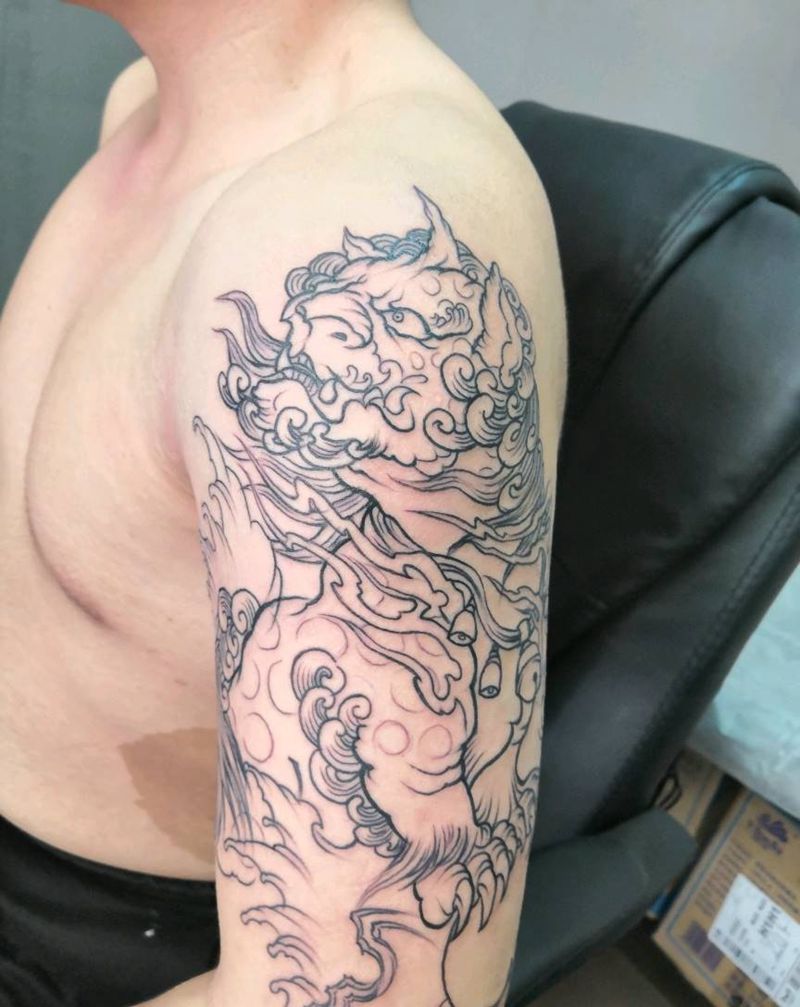 唐狮线条纹身图片