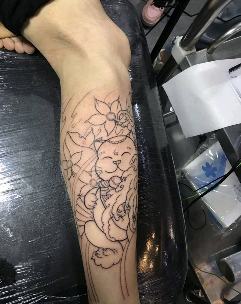 包小腿纹身图片_腿部新传统纹身图案