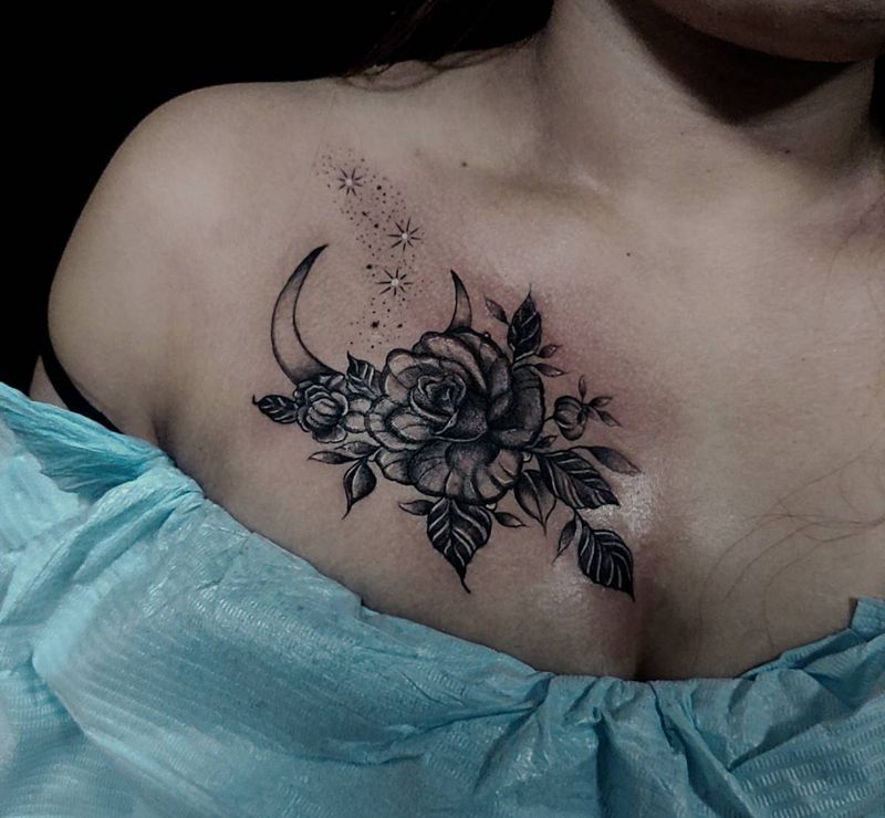 遮盖小图纹身图片_胸部遮盖玫瑰纹身图案