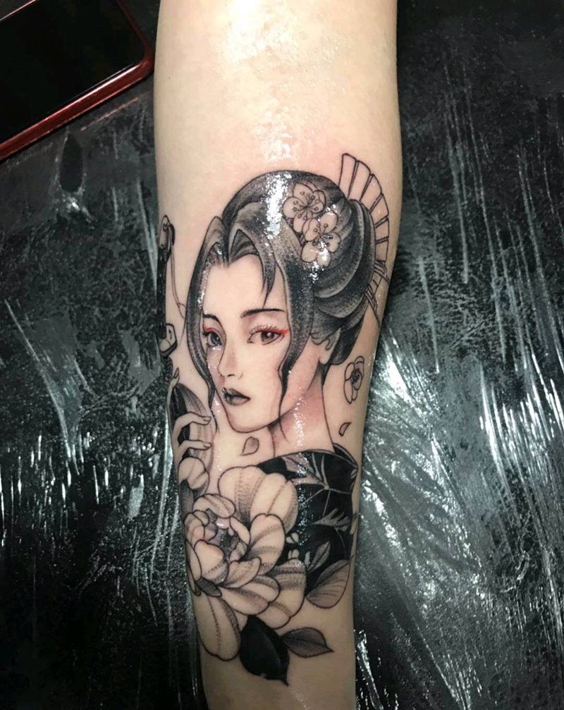 艺妓纹身图片_手臂新传统纹身图案