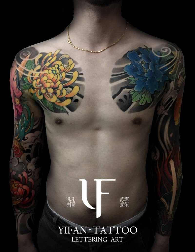 传统花臂半甲纹身图片_成品手臂胸部传统纹身图案
