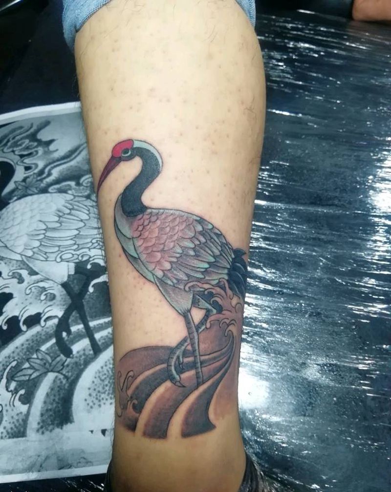 仙鹤纹身纹身图片_腿部新传统纹身图案