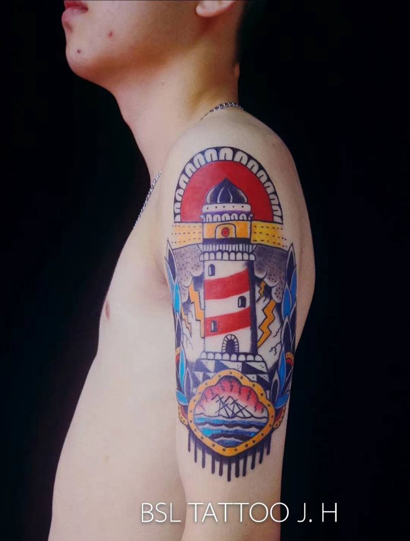 oldschool：燈塔纹身图片_手臂Old School纹身图案