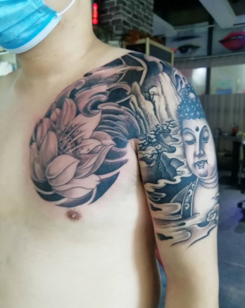 半甲纹身图片_胸部背部新传统纹身图案