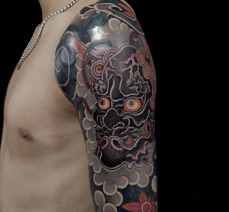 老传统花臂纹身图片_手臂老传统鱼雷神老传统纹身图案