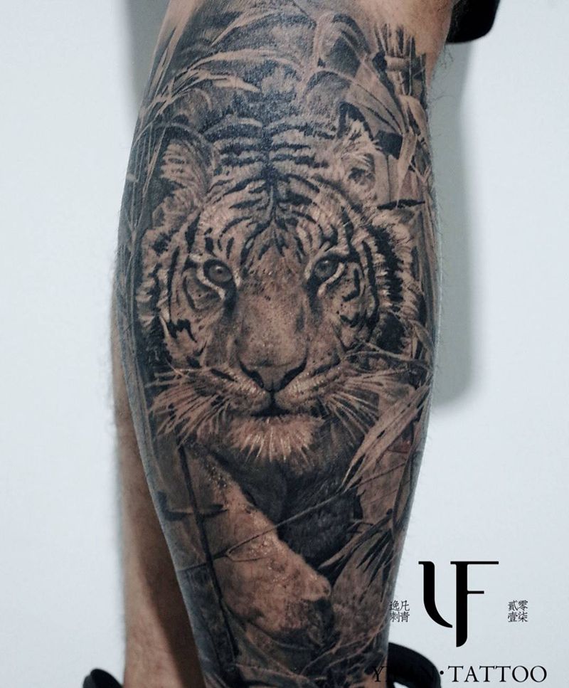 老虎纹身图片_成品腿部欧美动物纹身图案