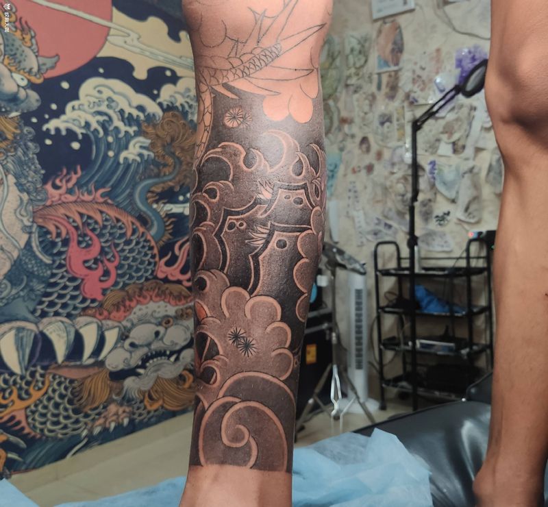 雾面纹身图片_腿部老传统花腿老传统日式纹身图案