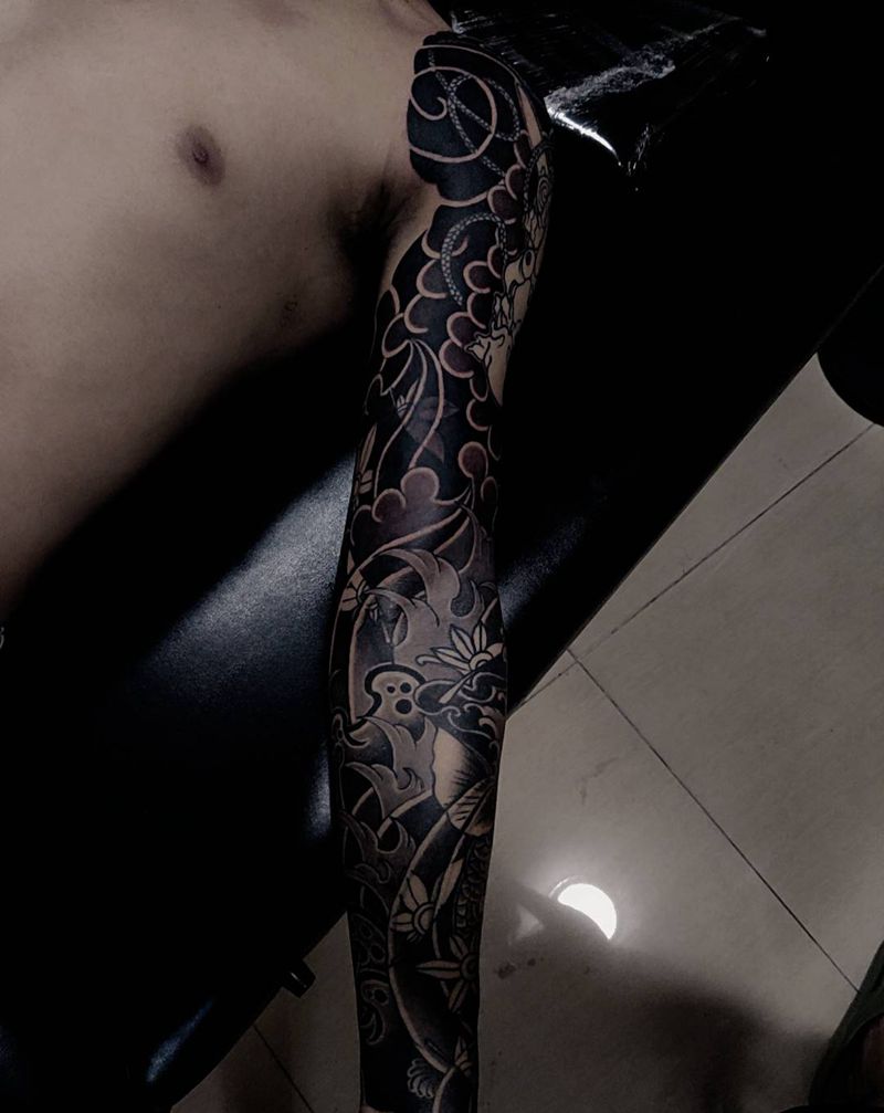 老传统花臂纹身图片_手臂老传统鱼夜叉纹身图案