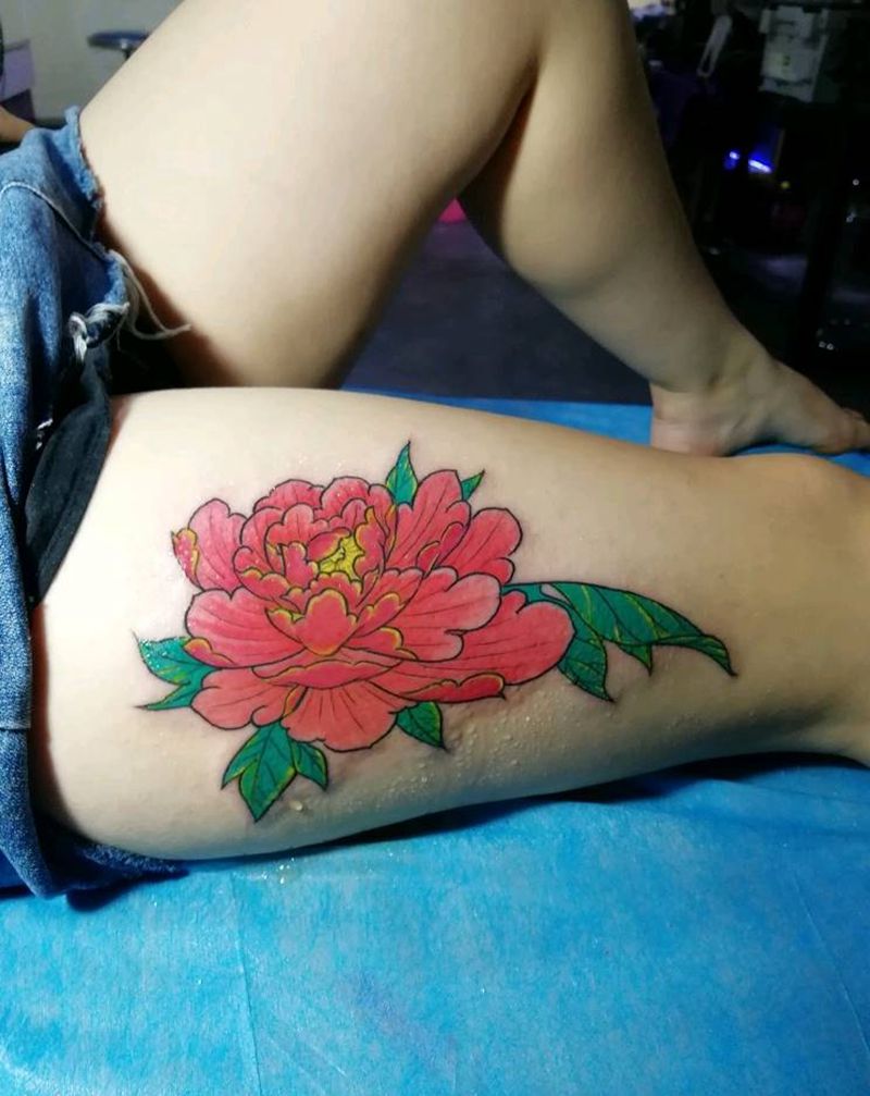 牡丹纹身图片_腿部新传统纹身图案