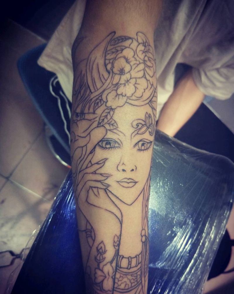 艺妓线条。下次上色。纹身图片