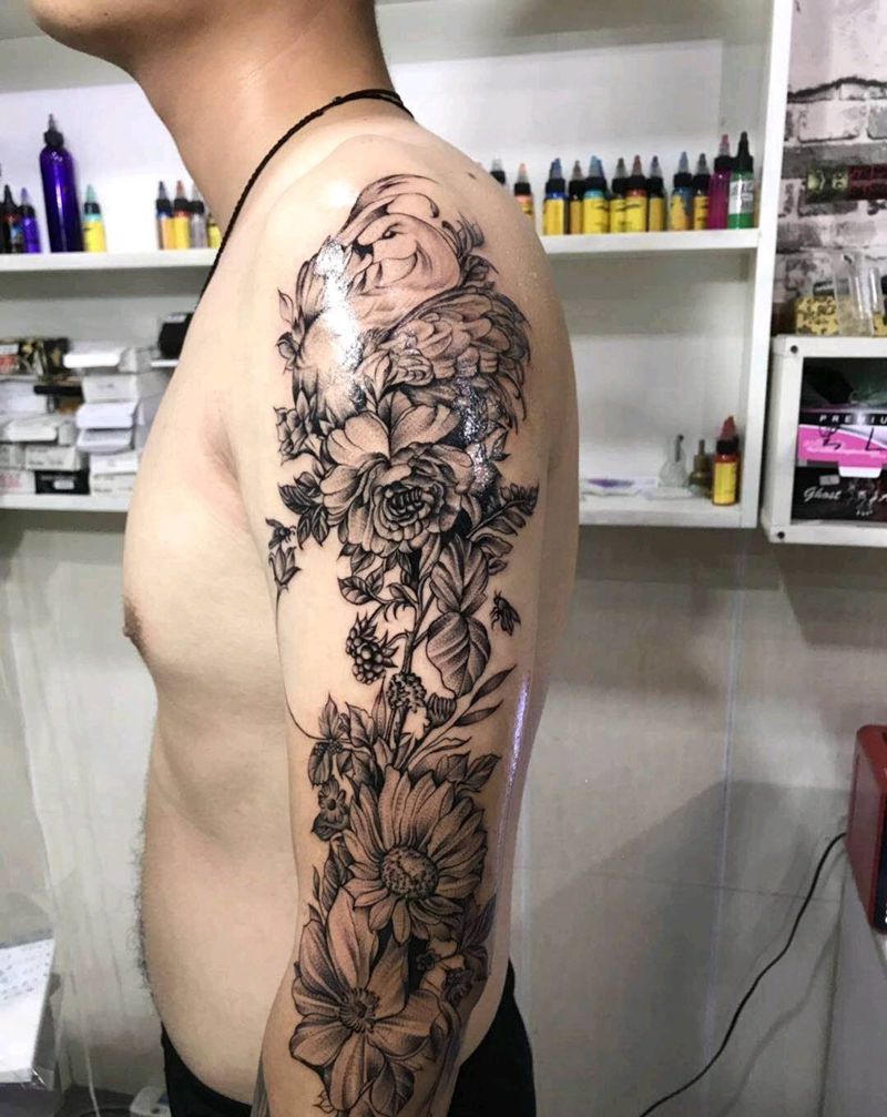 素花情侣款纹身图片_手臂新传统纹身图案