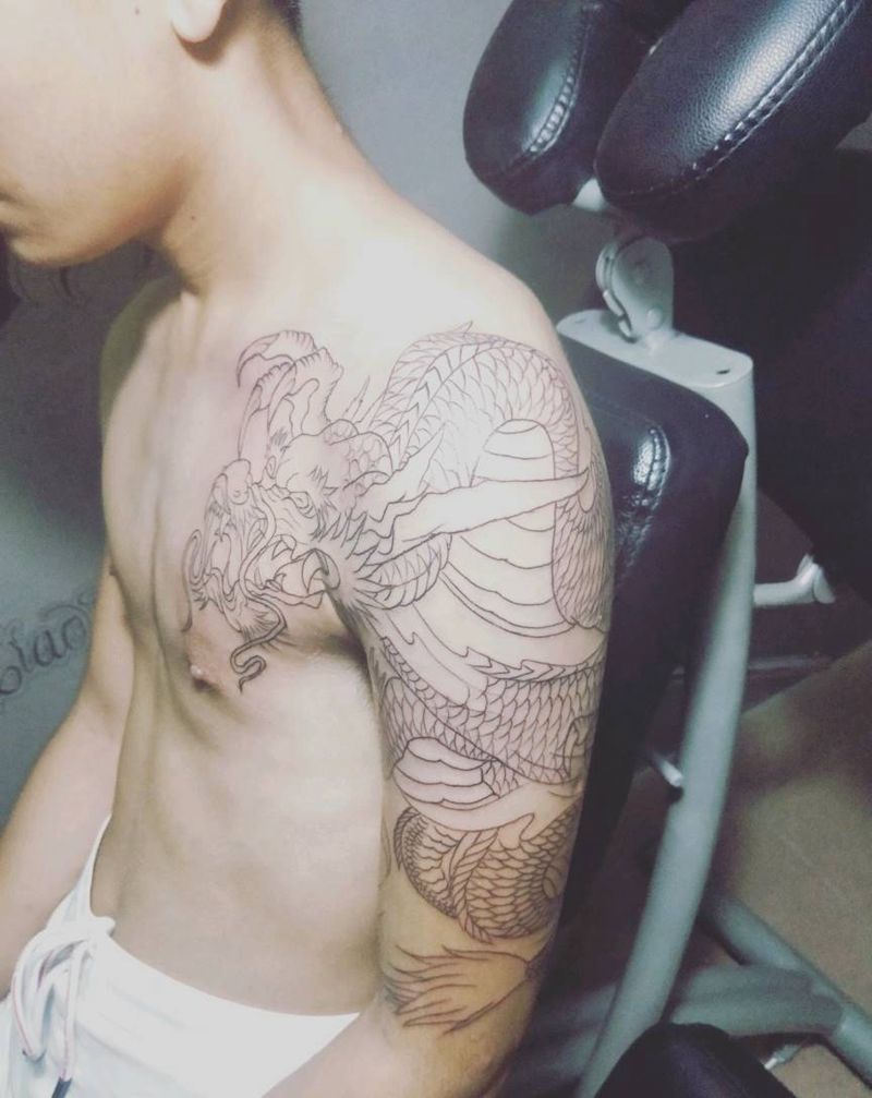过肩龙线条。下次上色。纹身图片
