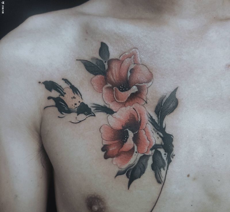 水墨花鸟纹身图片_胸部水墨水彩花鸟水墨纹身图案