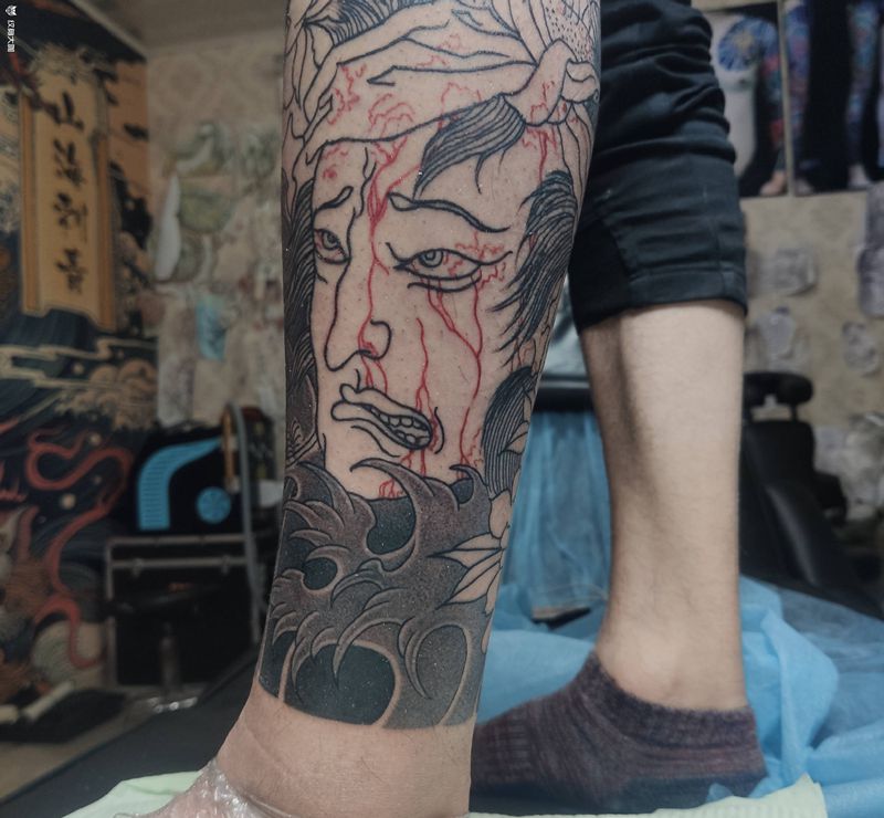 日式生首纹身图片_腿部老传统生首老传统日式纹身图案