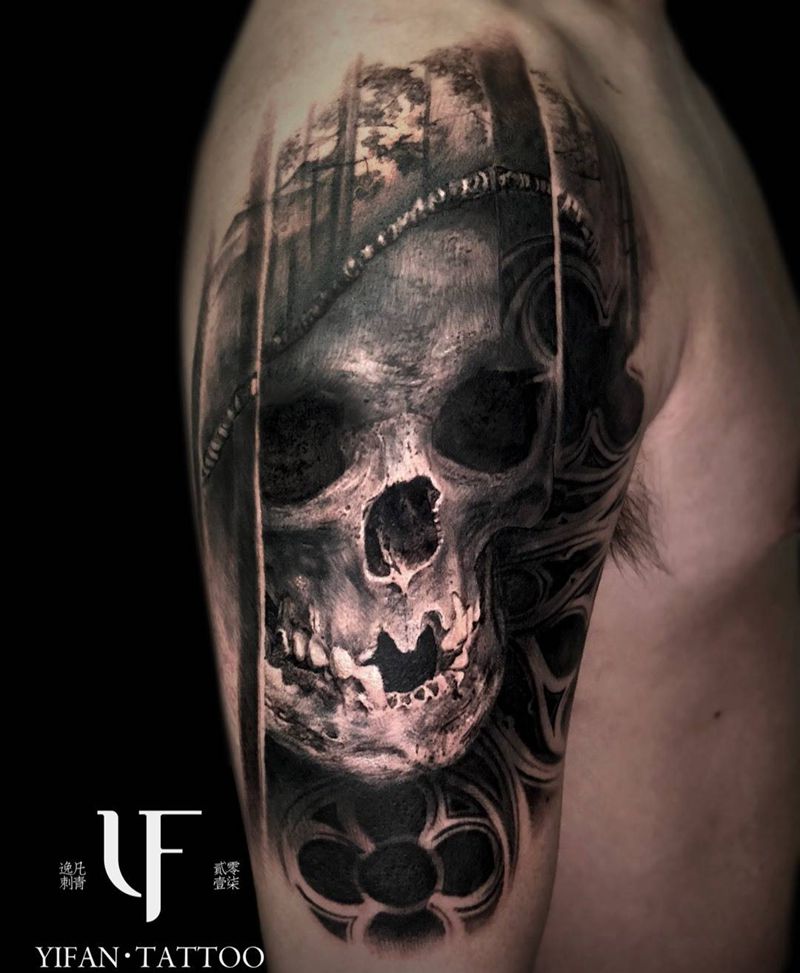 黑暗写实骷髅头纹身图片_成品手臂欧美写实鬼神纹身图案