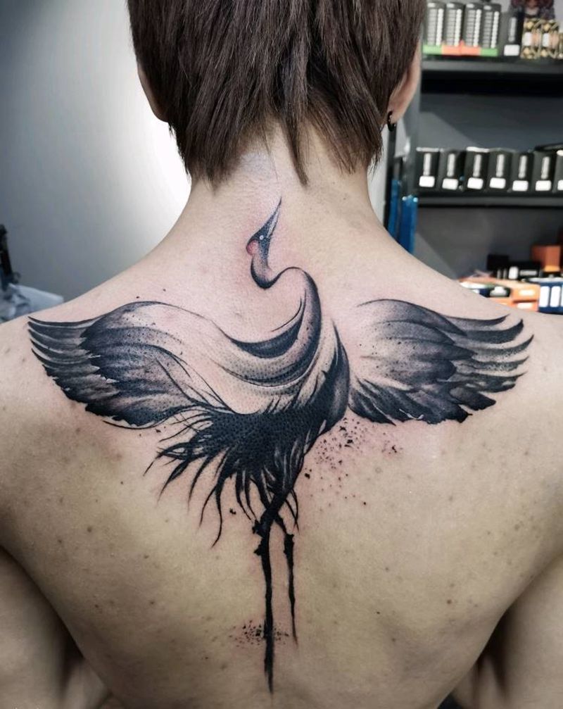 仙鹤纹身图片_背部水墨纹身图案