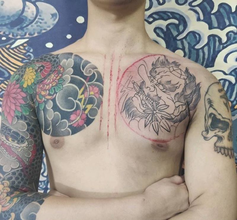 天狗纹身图片_胸部老传统天狗老传统日式纹身图案