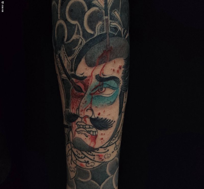 生首、达摩蛋纹身图片_手臂老传统生首达摩蛋日式纹身图案