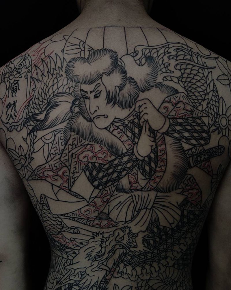 日式满背  未完纹身图片_背部老传统云龙九朗老传统日式纹身图案