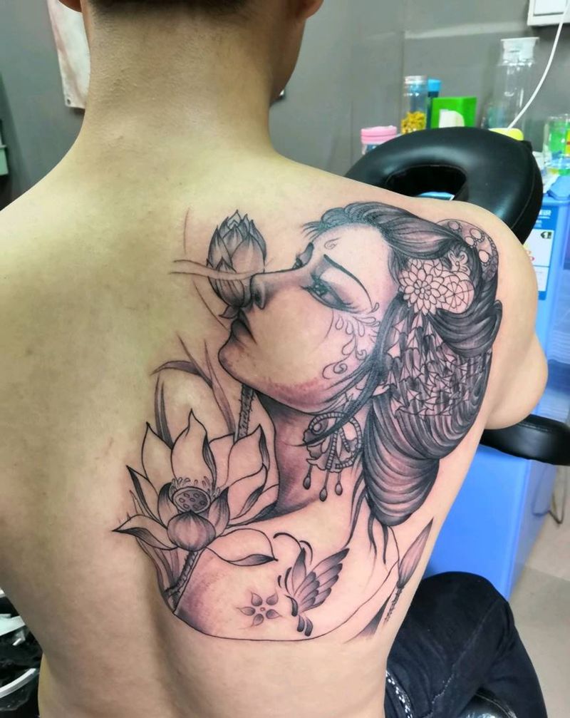 艺妓未完成。下次彩色。纹身图片_老传统纹身图案