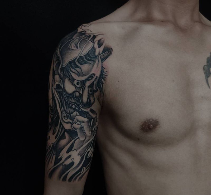 掩面艺伎纹身图片_手臂新传统艺伎班若新传统纹身图案