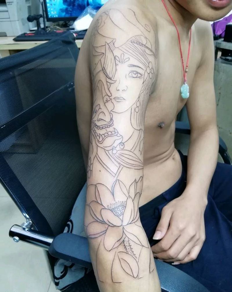 七分袖花臂，线条图案。纹身图片