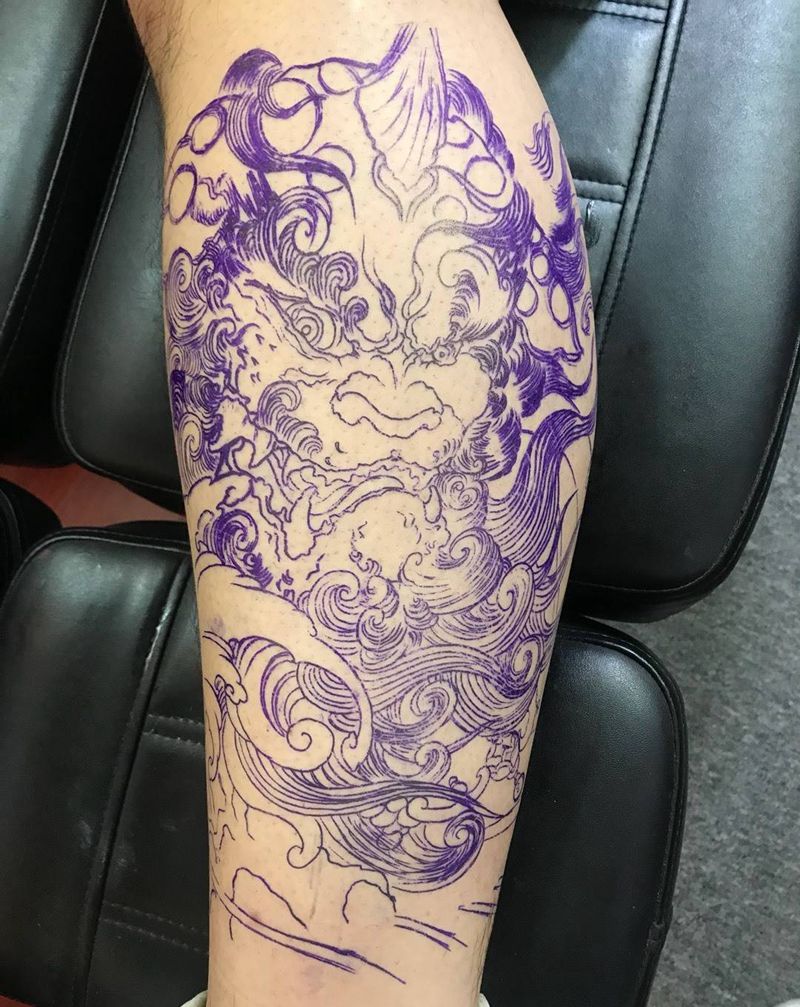 唐狮线条纹身图片