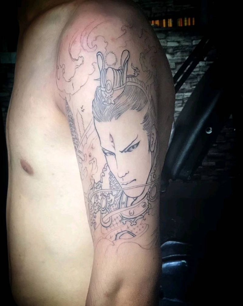 二郎神线条作品。纹身图片_手臂新传统纹身图案