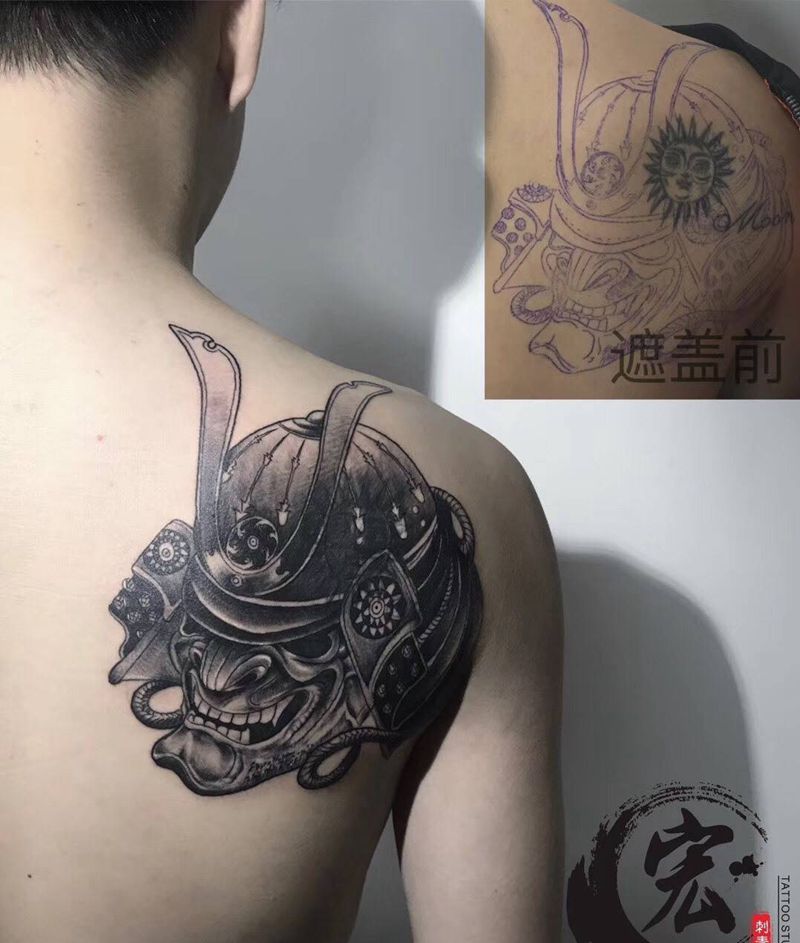 鬼武士遮盖纹身图片