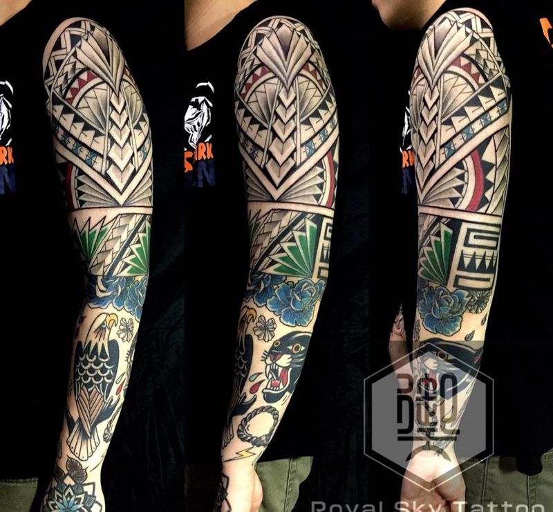 花臂式纹身图片_手臂手部Old School图腾纹身图案