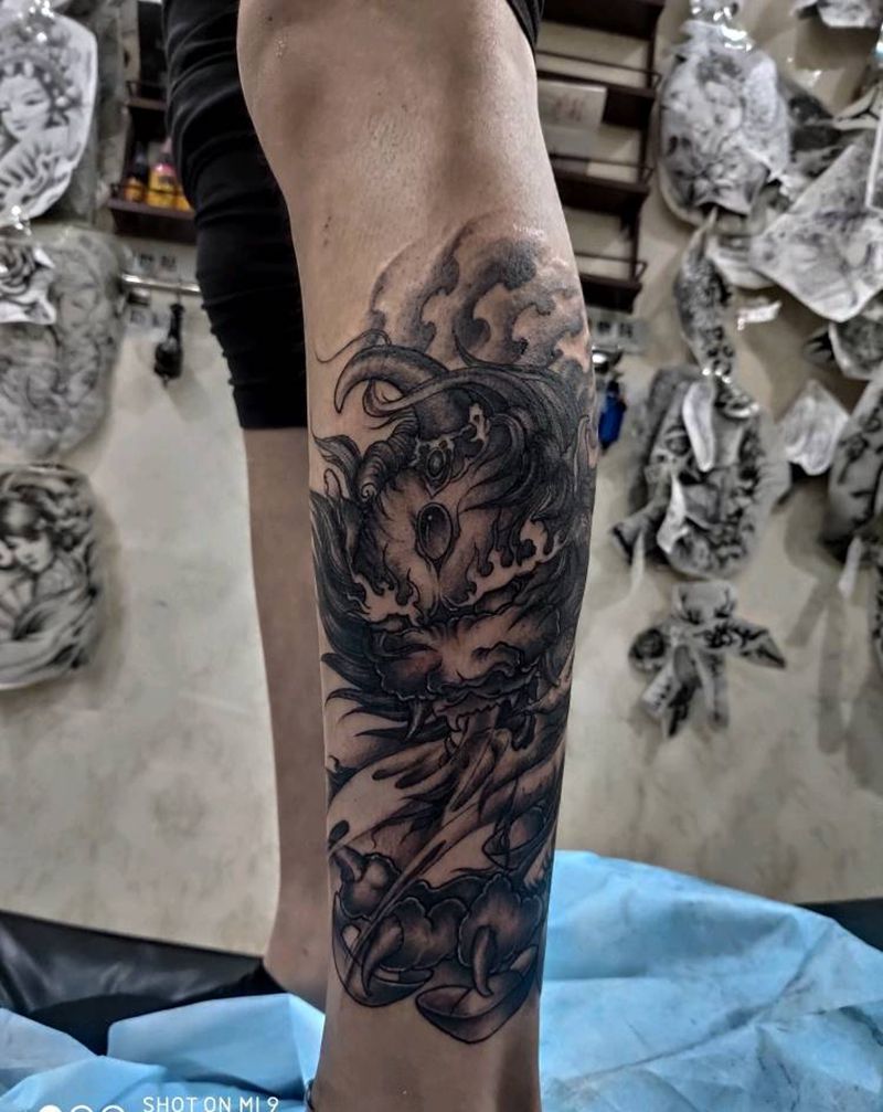 貔貅纹身图片_腿部新传统貔貅纹身图案