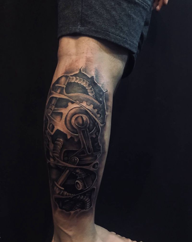 机械风格纹身图片_腿部欧美写实纹身图案