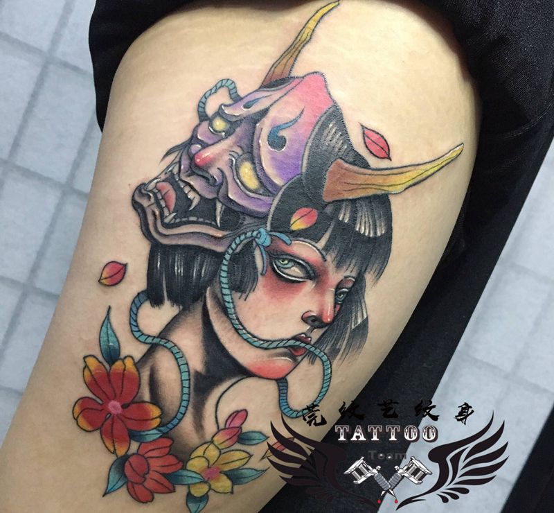艺妓般若纹身图片_腿部新传统纹身图案