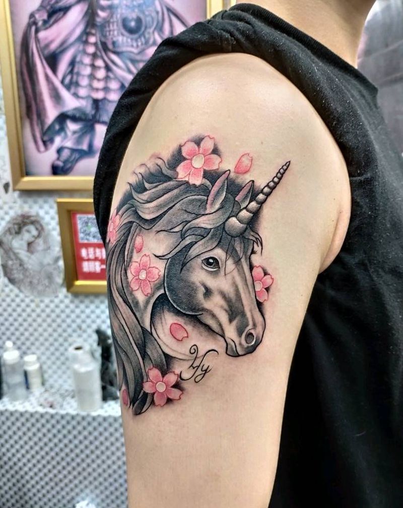 一对独角兽纹身图片_手臂水彩独角兽纹身图案