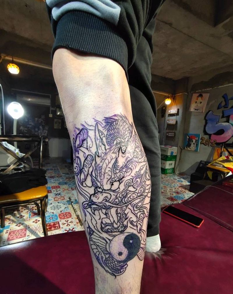 龙纹身图片_腿部新传统线纹身图案