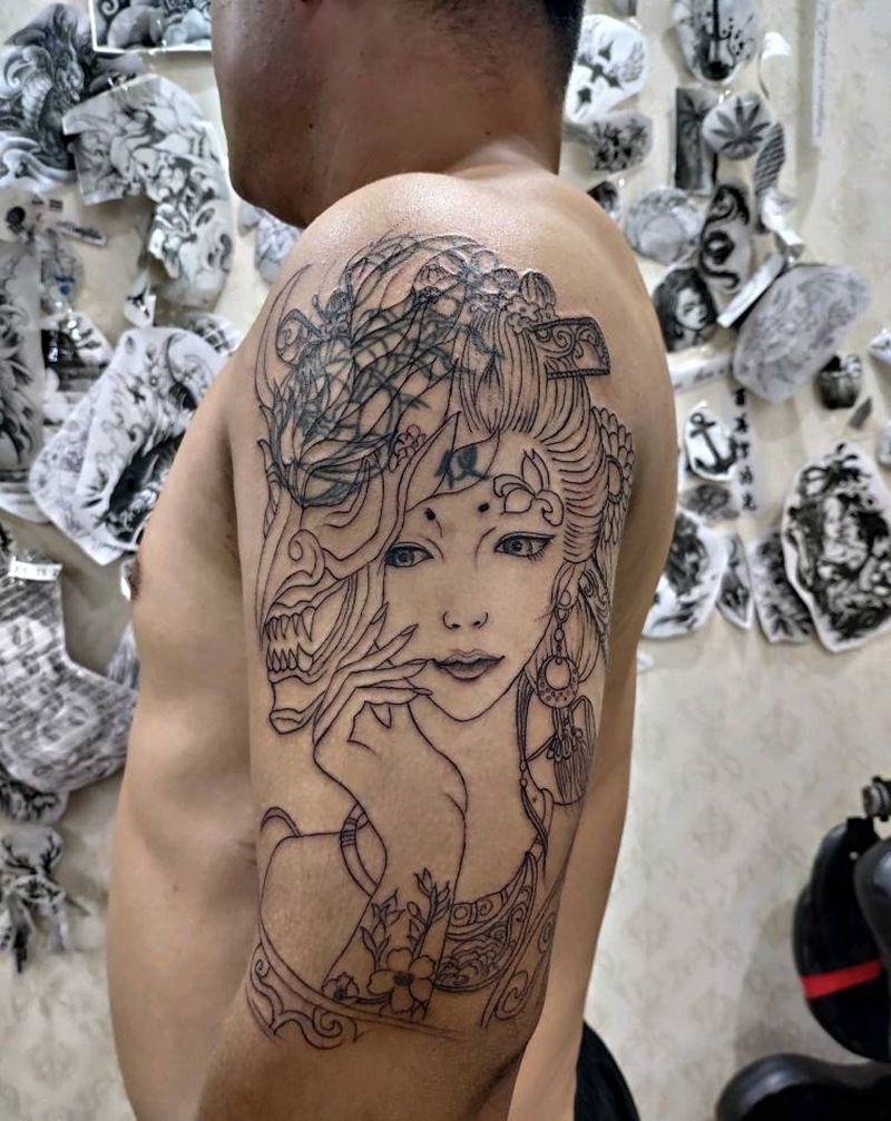 遮盖纹身图片_肩部手臂新传统艺伎纹身图案