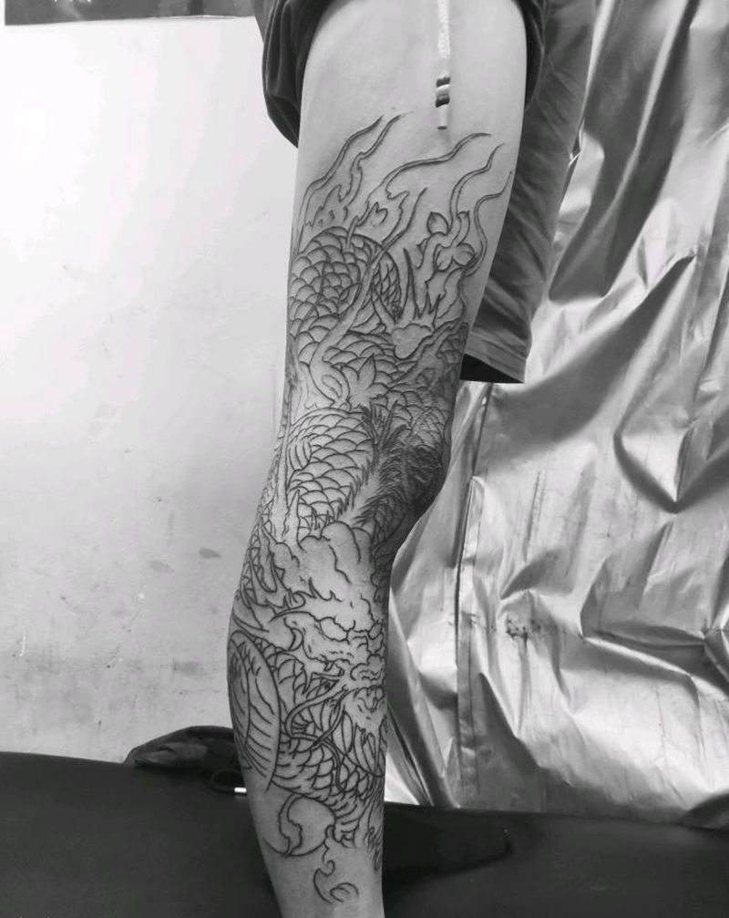 线纹身图片_腿部新传统龙纹身图案