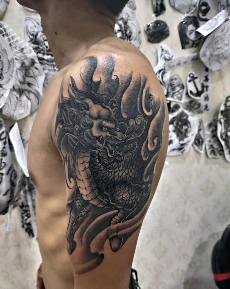 麒麟  遮盖纹身图片_手臂新传统麒麟纹身图案